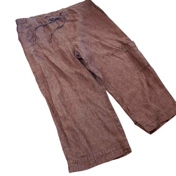 Coldwater Creek Womens 16 Brown 100% Linen Pull On Capri Pants Beachy Lagenlook - Picture 1 of 11